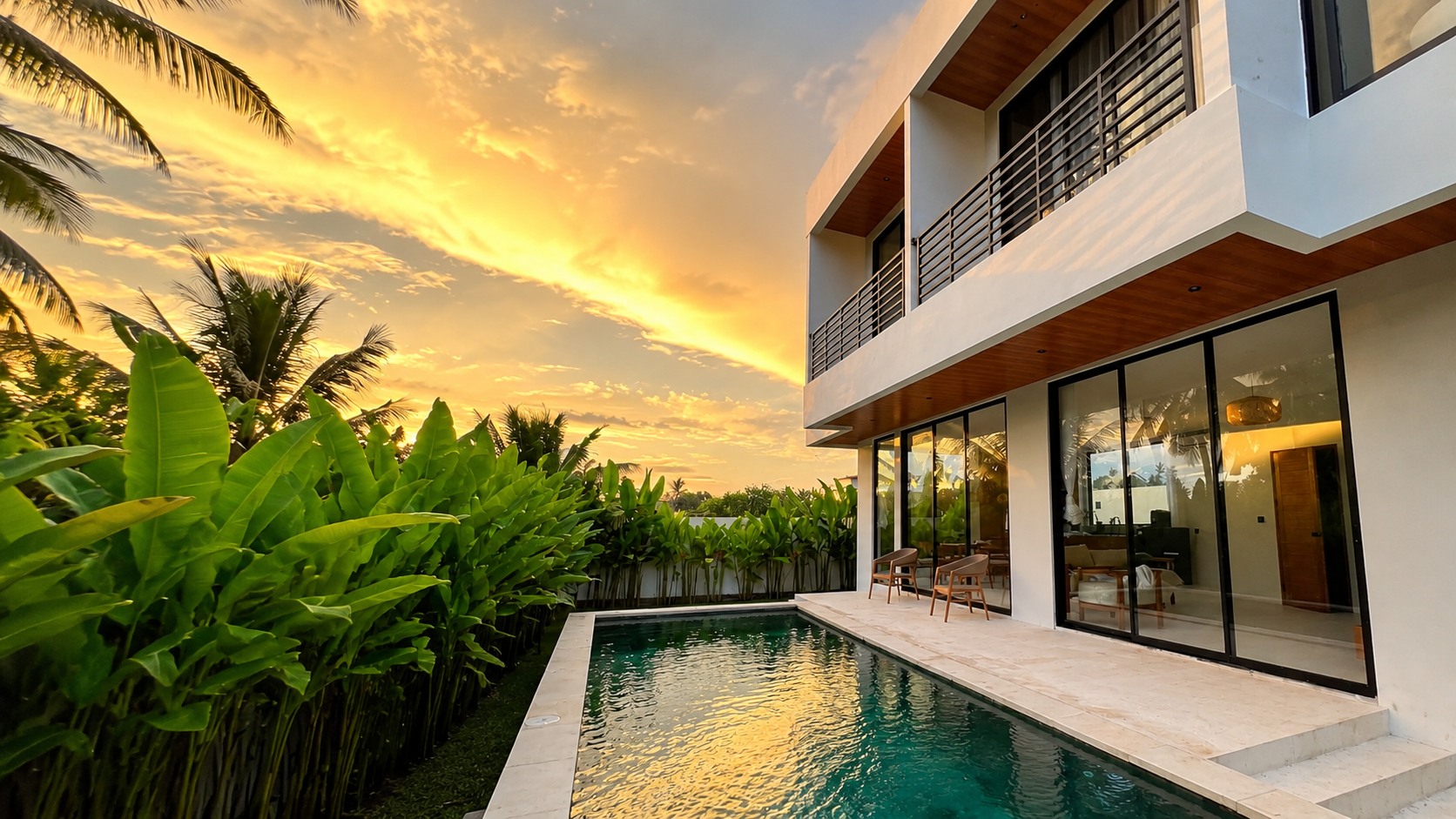 Operating Santara villa with private pool at sunset, Ubud, Bali
